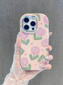 Flower 1pc Pink Oval Electroplated Lens Liquid Tulip Full Coverage Phone Case, Suitable For IPhone11/12/13/14/15/16/17/PROMAX - Pink - View 1