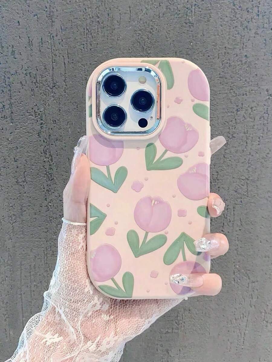 Flower 1pc Pink Oval Electroplated Lens Liquid Tulip Full Coverage Phone Case, Suitable For IPhone11/12/13/14/15/16/17/PROMAX - Pink - View 1
