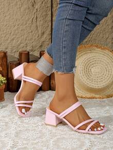 女士优雅时尚搭扣交叉绑带办公室派对纯色沙滩高跟防滑沙滩凉鞋 - 粉色 - 查看 12