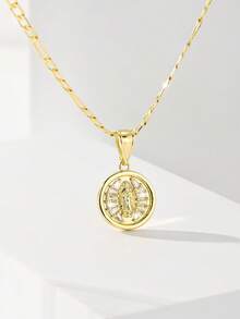 1pc Classic European Style Copper Inlaid Zirconia Guadalupe Virgin Mary Pendant Necklace, Limited Edition, Suitable For Christmas, Thanksgiving, Halloween, Mother's Day, Valentine's Day, Gifts For Couples, Friends, Communion, Daily Wear And Prayer - Yellow Gold - View 3