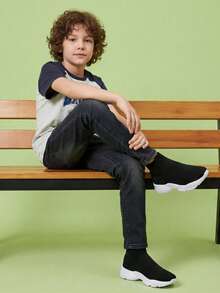 Kids High Top Casual Sneakers, Black, Knitted Slip-On Sport Shoes, Lightweight & Comfortable