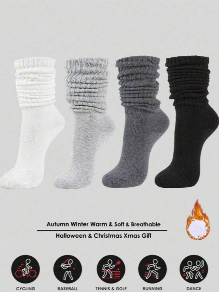 4 Pairs Women's Loose Knit Socks, Soft & Comfortable, Warm & Breathable, Fashion Versatile, Available In Black, White, Dark Gray, Light Gray, Perfect Gift For Hiking, Back To School, Halloween And Christmas - Multicolor - View 1