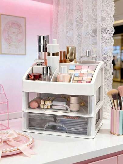 2 piezas/1 pieza Organizador de maquillaje con estilo de cajón, estantería de almacenamiento para el escritorio, joyero, organizador de escritorio de gran capacidad adecuado para tocador, baño y escritorio de dormitorio, para almacenamiento de productos de cuidado de la piel, brochas de maquillaje, sombras de ojos, loción, lápiz labial, esmalte de uñas, artículos de baño, decoración de la habitación, regalo de Navidad
