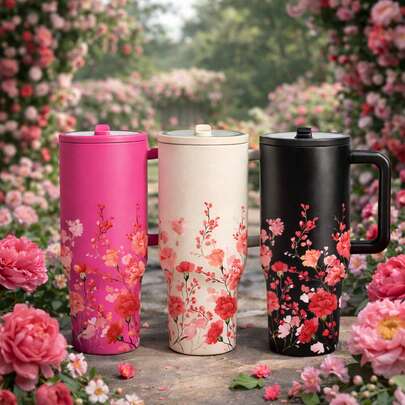 Vaso aislado con asa con patrón de sakura, taza de viaje de acero inoxidable. Mantiene las bebidas calientes/frías. Cabe en los portavasos de los coches. Diseño floral elegante adecuado para el trabajo, los desplazamientos y el jardín. Un regalo encantador para mamá, abuela y mujeres. Taza de té reutilizable de gran capacidad.