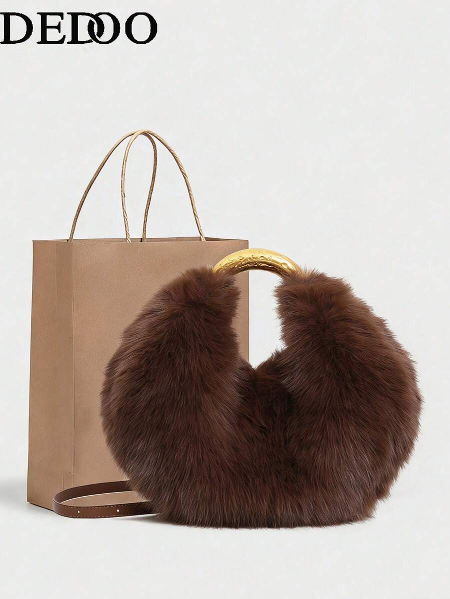 Faux Fur & Metal Handle Handbag, Fashionable High-End Style, Suitable For Dates, Commuting, Gifting And More