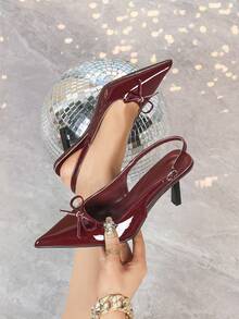 7厘米酒红色高跟鞋，尖头露跟派对高跟鞋，婚礼正装鞋 - 酒紅色 - 查看 1