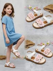 1 Pair Infant/Toddler Girls' White PU Upper With Colorful Floral Decor Round Toe Slip-Resistant Soft Casual Princess Style Flat Sandals, Suitable For 3-15 Years Old Girls For Daily Wear, Birthday Party, Travel, School, 2026 Spring/Summer New Arrival - White - View 5