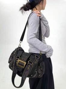 女士时尚街头朋克复古单肩包，大容量Y2K辣妹机车手提包，纯素皮革城市通勤包，可拆卸肩带斜挎包，适合日常使用和聚会，是完美的节日礼物 - 黑色 - 查看 8
