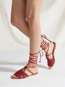 Sandal đế bằng màu đỏ thủ công dệt, quai buộc xoắn dành cho nữ, họa tiết dệt ngẫu nhiên, thiết kế xoắn ngẫu nhiên - Đỏ - Xem 2