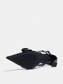 2026 New Metallic Buckle Non-Slip Red Sole Pointed Toe Asymmetric Heel Women's High Heel Pumps, Elastic Back Closed Toe Elegant Ladies Sneakers - Black - View 5