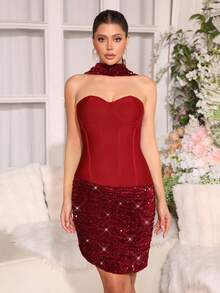 Nouvelle robe mini moulante sexy à plis et paillettes, style européen et américain. Sans bretelles, convient pour les invités de mariage, les fêtes de vacances et les dîners de gala pour femmes. - Rouge foncé - Voir 2