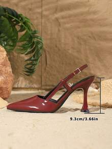 9cm Pointed Toe Adjustable Buckle Strap Matte PU Elegant High Heel Pumps, Versatile For Daily, Party, Date, Formal Occasions - Bordeaux - View 7