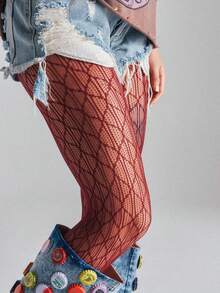 1件装女士浪漫竖条纹镂空蕾丝渔网袜，优雅时尚的打底裤，适合搭配各种服装 - 酒紅色 - 查看 4