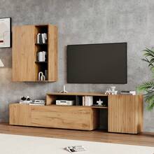 Living Room TV Wall Unit With Cabinet (Complete Set, 2), Media Wall Includes A TV Cover And Shelf, TV Unit With Flexible Length Up To 265 Cm, Vertical And Wall-Mounted, For TVs Up To 120", Wood + Black - Khaki - View 6
