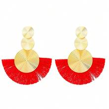 1Pair Women's Exaggerated Alloy Circle Tassel Earrings Bohemian Fan-Shaped Non-Pierced Ear Clips Lightweight Comfortable Fashion INS Style Temperament Jewelry For Daily Party Wedding Vacation Casual Wear Suitable For Ladies Girls Elegant Gift For Birthday Christmas New Year Holiday - 05 KC Vàng/Đỏ K-588 - Xem 12