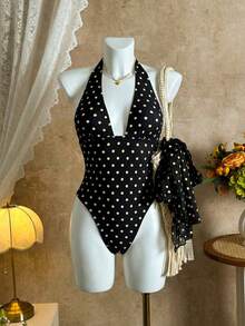 Bộ đồ bơi hai mảnh kiểu sarong lệch lưng, họa tiết chấm bi gợi cảm dành cho nữ, thích hợp cho kỳ nghỉ và mặc đi biển vào mùa hè, màu đen. - màu đen - Xem 2