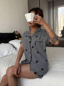 Women Ruffled Stripe Heart Print 2 Piece Pajama Set - Short Sleeve Buttoned Collar Top And Pants, Soft Sleepwear, Machine Washable, Suitable For Outerwear, Summer - Black and White - View 6