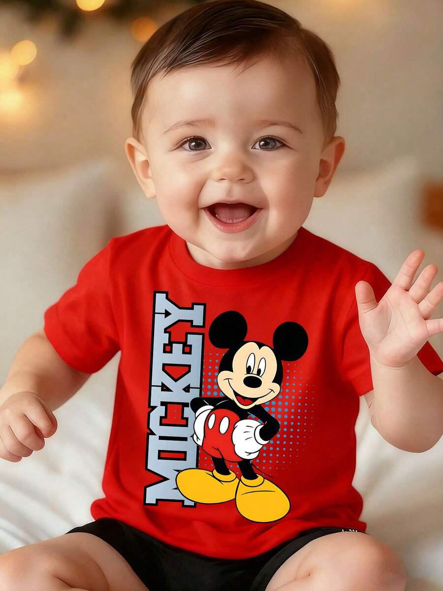 Disney Red Background Mickey Mouse  Vertical Letter Polka Dot Background Print Baby Short Sleeve T-Shirt - Dynamic And Playful Casual Top - Red - View 1