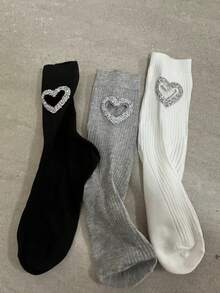 Valentine's Day New Arrival Heavily Embellished Heart Hollow Out Pink Mid-Calf Socks, Unique Design Socks - Multicolor - View 2