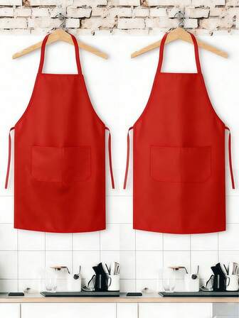 1/5 Packs Red Polyester Aprons With Pockets, Suitable For Barbecue/Hairdressing/Catering/Chef, Applicable To Camping, Cleaning, Home, New Year Party, Wedding Scenarios, Unisex & Reusable