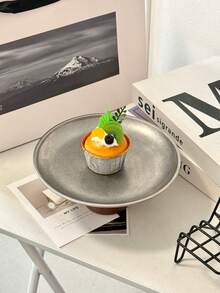 1pc Wooden Pedestal Stainless Steel Plate, Suitable For Dining Table, Restaurant, Kitchen, Party, Birthday - Vintage Silver Plate Wooden High Legs - View 11