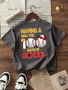 男童休闲印花圆领短袖T恤，夏季上衣 - 深灰色 - 查看 4