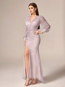 VIPGIRL Elegant Women's Long Lace Gown With Deep V Neck And Long Raglan Sleeves Formal Dress - Dusty Pink - View 5
