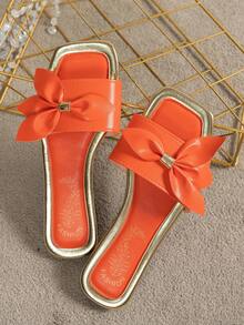 女士平底方头凉鞋，蝴蝶结装饰，轻便舒适，可随意搭配，系带套脚式，休闲度假沙滩拖鞋 - 橘色 - 查看 11