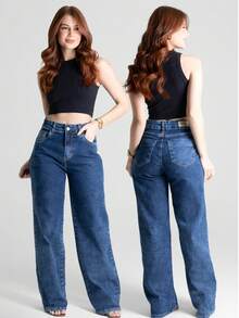 Calça Jeans Feminina Wide Leg Sawary Original Cintura Alta Lycra Elastano Confortável Larga Bonita - Azul - Visão 9