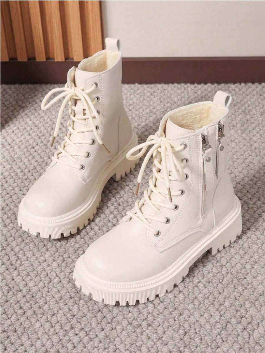 Women's Beige Chunky Sole Lace-Up Combat Boots - Casual Ankle Boots For Daily Wear - Beige - View 1