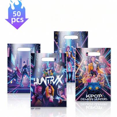 50 piezas Bolsas de regalo de papel resistente con asas con diseños de personajes y urbanos cibernéticos del tema "Cazador de brujas" de KPOP (adecuado para fans de KPOP), excelente para cumpleaños, Navidad, San Valentín, fiesta temática de KPOP y distribución de recuerdos de fiesta