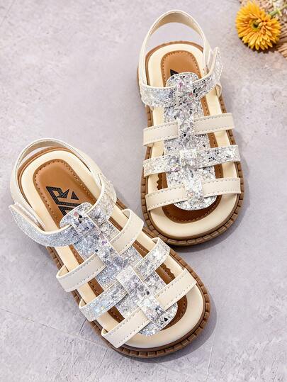 1 Pair Summer New Girls Sandals, Children's Flat Roman Sandals, Sequin Decor, Hook And Loop Design, Suitable For Toddlers Daily Casual, Vacation, Wedding Party, Kids Flat Sandals