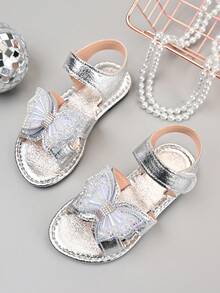 2026 Summer New Silver Rhinestone Butterfly Sandals For Girls, Shiny Princess Style Hook And Loop Soft Bottom Children Shoes - Silver - View 2