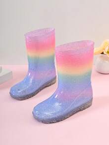 Kids Glitter Rainbow Mid-Calf Boots, Cute Fashion Rain Boots For Playdates & Outings - Baby Pink - View 2