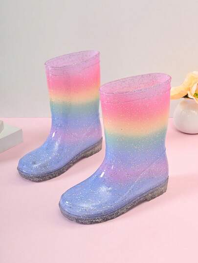 Kids Glitter Rainbow Mid-Calf Boots, Cute Fashion Rain Boots For Playdates & Outings