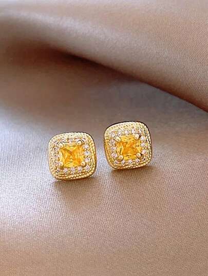 1 Pair Elegant Chic Petite Yellow Zirconia Square Design Stud Earrings For Women, Suitable For Daily, Date, Holiday Party Wear, Valentine's Day Gift