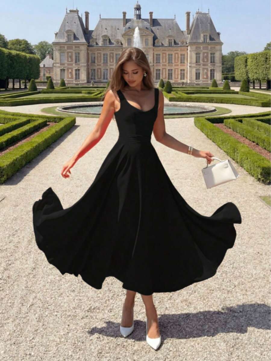 Elegant Casual Romantic Charming Fitted A-Line Dress, Suitable For Daily Wear, Dates, Valentine's Day - Black - View 1