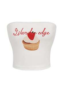 女士无肩带抹胸上衣，夏季新款蛋糕图案和字母印花，时尚休闲百搭露背修身短款上衣 - 白色 - 查看 3