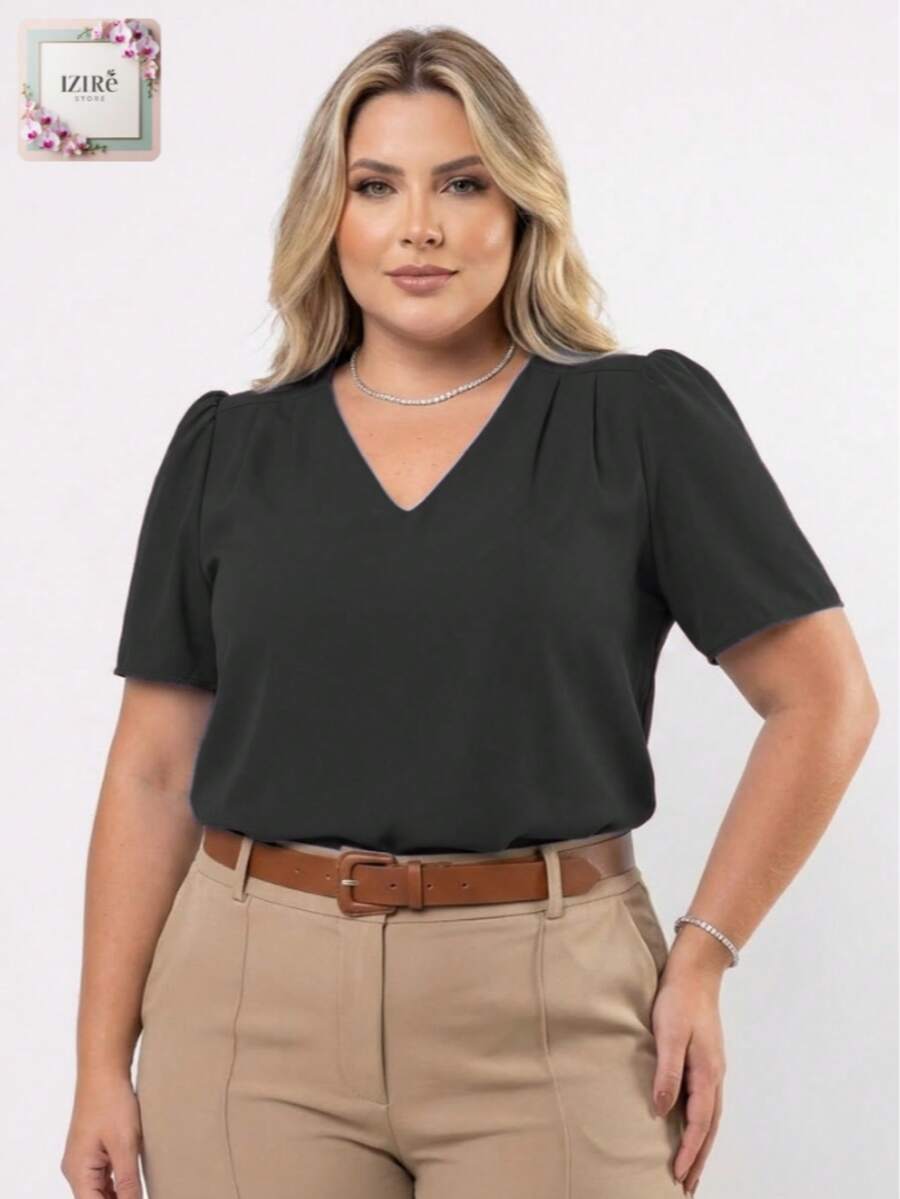 Women's Plus Size Elegant Short-Sleeve Modern Blouse In Duna Fabric, Sizes GG, G1, G2, G3, Summer/Work - màu đen - Xem 1