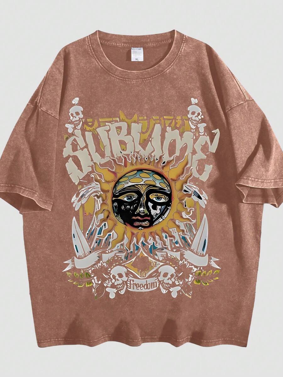 Retro Sun Face Skull Print, Men's T-Shirt, SUBLIM Band Style Free Theme Loose Short Sleeved Shirt - 咖啡棕色02 - 查看 1