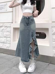 Chân váy denim xếp ly bồng bềnh cạp cao dáng đuôi cá dễ thương, phong cách thường ngày dành cho nữ. - Màu xanh lam - Xem 6