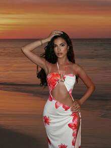 Robe en tricot à col en V sexy avec lien, décolleté ajouré pour femme. Robe mini décontractée à manches longues et couleur unie, couvre-maillot de bain. Robe d'été pour vacances à la plage avec imprimé tropical, dos nu et fente haute - Multicolore - Voir 3
