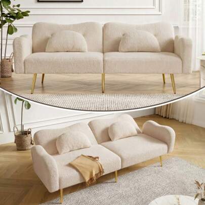 [Sleeping Function] Sofa Bed - 2-Seater - Modern 2-Seater Sofa With Adjustable Backrest + Gold Metal Legs, Integrated Bed Function. Multifunctional 2-In-1 Furniture