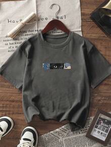1 buah Kaos Pullover Lengan Pendek Bergambar Kucing untuk Anak Laki-laki Remaja, Atasan Musim Panas untuk Anak-anak, Pakaian Pelajar Muda - Dark Grey - View 6