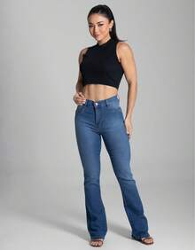 Calça Jeans Feminina Cintura Alta Sawary Flare Original Lycra Elastano Boca Sino Fler Confortável - Azul - Visão 5