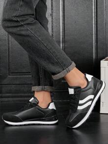 Men's Casual Shoes Retro Running Shoes, Black & White Low-Top Lace-Up Sneakers, Streetwear, Non-Slip & Durable, PU Leather, Lightweight & Soft, Minimalist Streetstyle, Birthday Gift - Black and White - View 4
