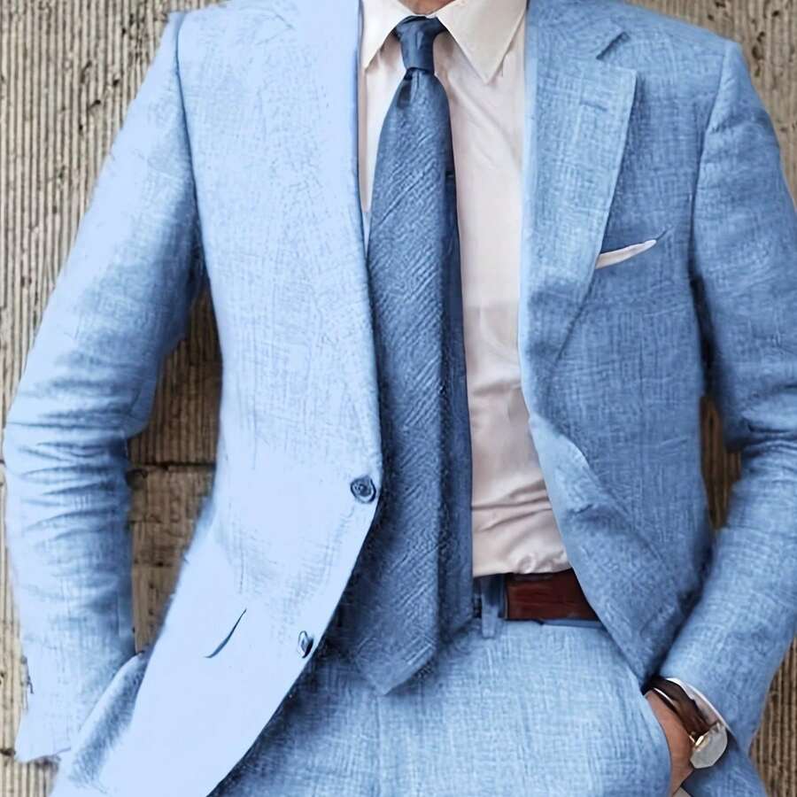 Men's 2pcs Linen Suit Summer Wedding Formal Party Events Tuxedo Suit Elegant Casual Working Business Suit 34S 36S 38S 40R 42R 44R 12.15gal - 天藍色 - 查看 1