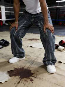 男士复古街头风宽松牛仔裤，舒适百搭新款 - 藍色 - 查看 3