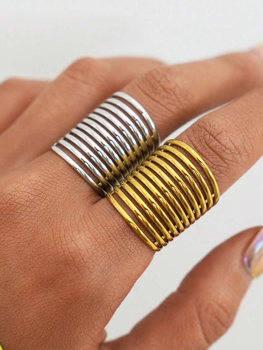 Frminee 2pcs/1pc 18K Gold Plated Chunky Statement Gold Stainless Steel Ring For Women, Hypoallergenic Wide Stack Ring, Accessories For Women - Multicolor - View 1