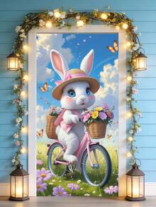 1 pieza Bandera de puerta 2D, Cartel de puerta de Pascua feliz, Decoración de porche con patrón de corona de conejo vibrante, Decoración de Pascua, Regalo, Poliéster brillante, Adecuado para decoración de primavera en el hogar, Decoración colgante para puerta delantera, Suministros de fondo de fotografía - Multicolor - Ver 18